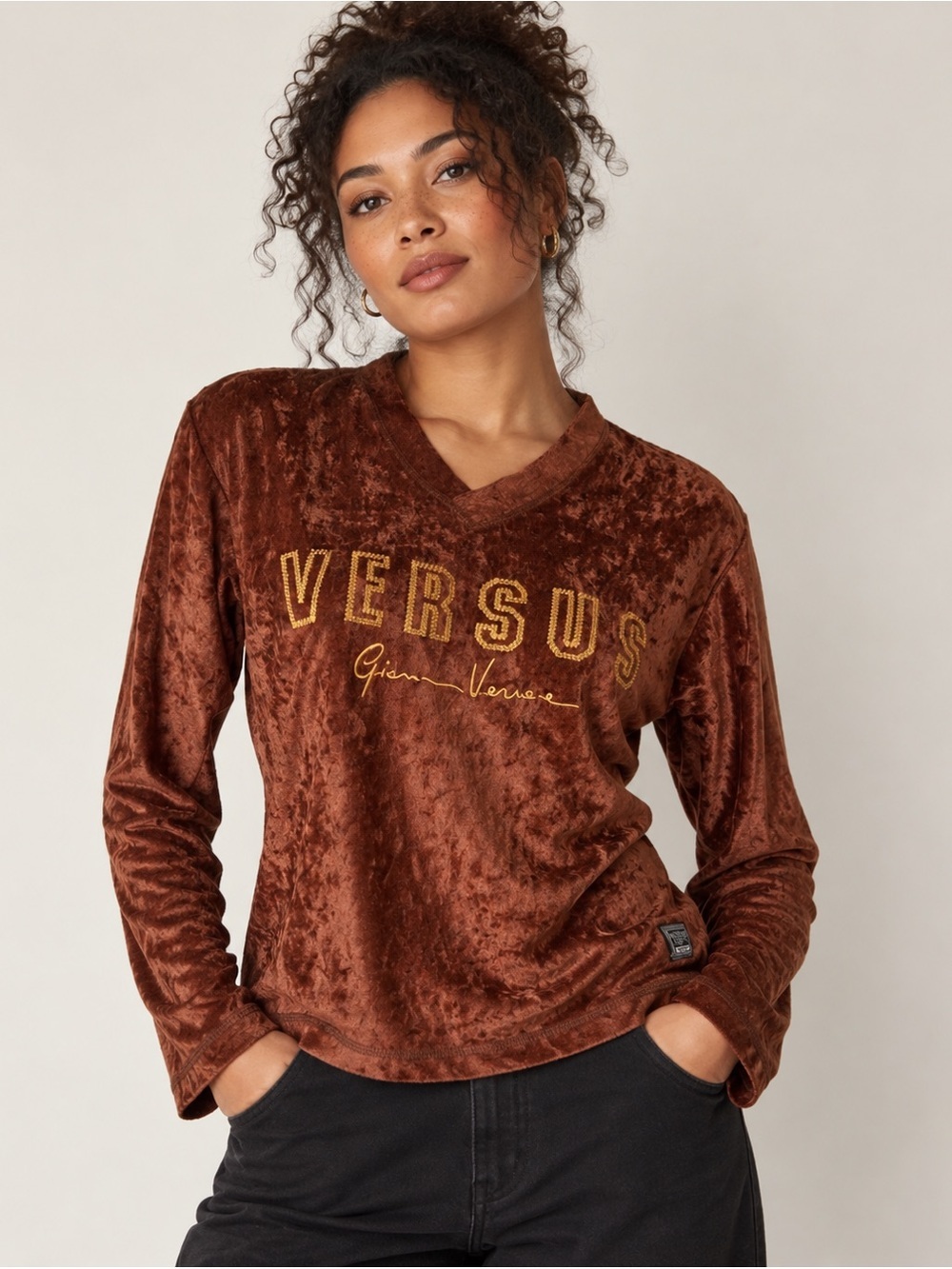Versus Versace Brown Velvet Gold Logo Top